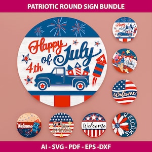 Patriotic Round Sign SVG Bundle, 4th of July Door Hanger Laser Cut Files, Sweet Liberty, Fireworks Welcome Sign Svg, Glowforge Svg Files