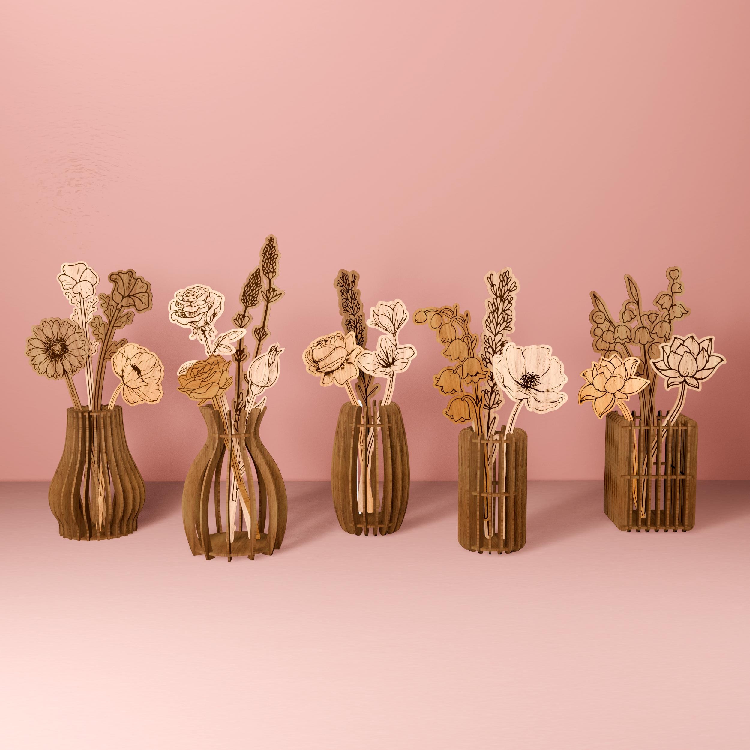 Wood Vase and Flowers SVG Laser Cut Files (Digital Download)