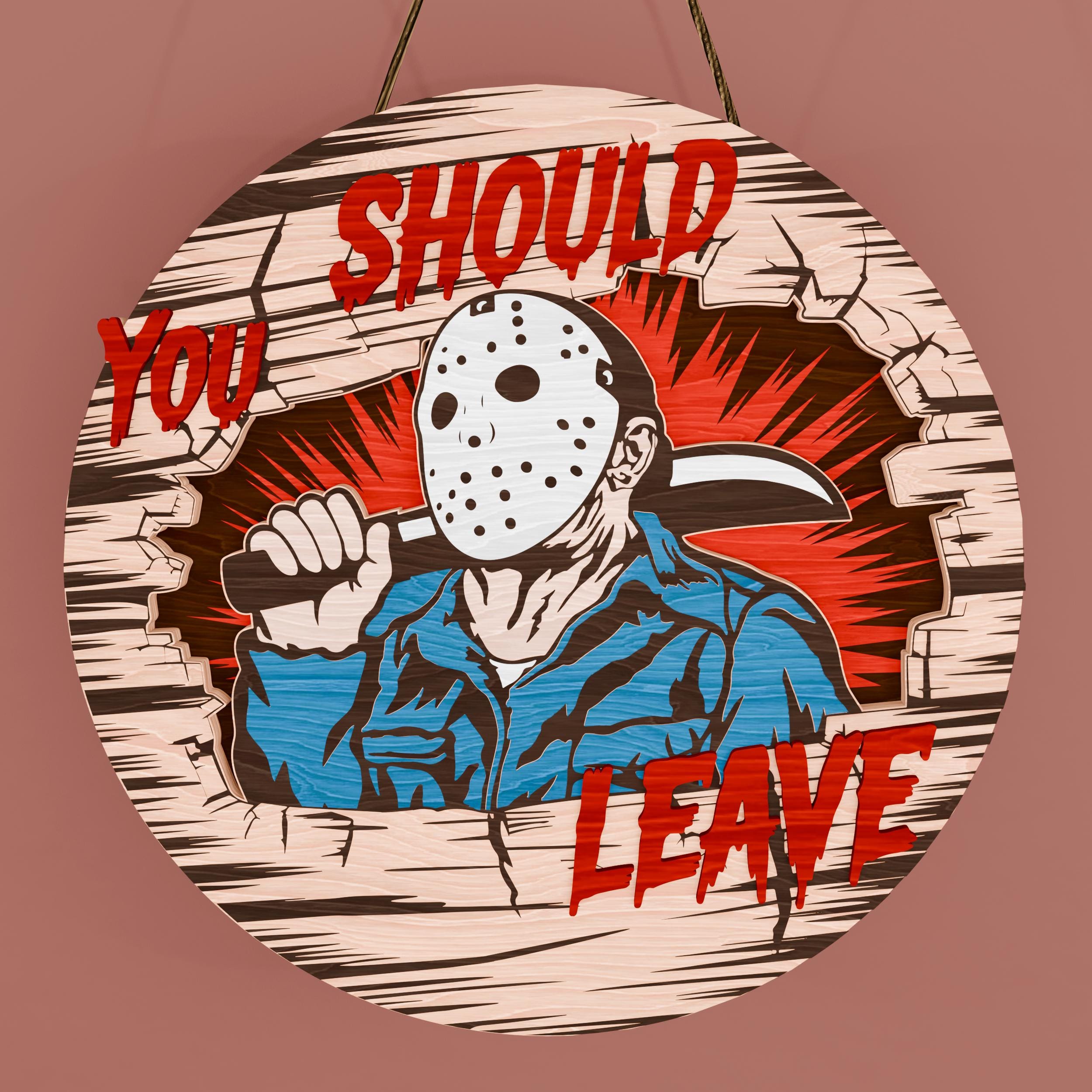 Scary Halloween Door Sign SVG Bundle - Horror Killer Mask Round Wooden Door Hanger for Laser Cut