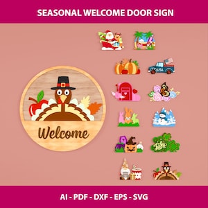 Interchangeable Welcome Sign with Seasonal Toppers SVG | Year-Round Door Hanger DIY | Holiday Sign Laser Cut Files | Digital Download