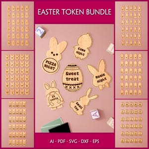 180 ピース イースター トークン イースター SVG、キッズ イースター レーザー ファイル、Glowforge ファイル、イースター キッズ リワード トークン カット ファイル、イースター レーザー カット