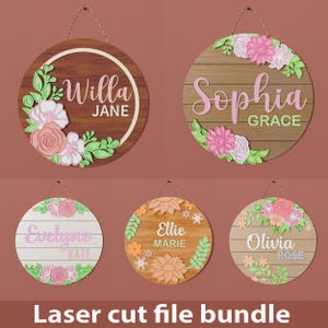 Floral SVG, svg rond pour chambre d'enfant, Glowforge, signe de chambre d'enfant svg, conception d'enseigne ronde, nom signe svg, fichier numérique, nom de chambre d'enfant en couches floral Svg