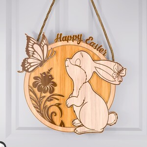Happy Easter Bunny deur teken SVG, Pasen ronde teken SVG, paashaas welkom teken Svg, Pasen deurhanger laserontwerp, lasergesneden Glowforge