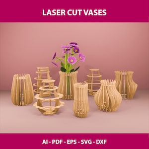 Nowoczesny drewniany wazon SVG Bundle, Drewniany wazon na kwiaty SVG Set, Pliki cyfrowe wycinane laserowo DIY do wystroju domu, Pliki Glowforge