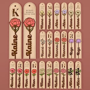 Bloemen bladwijzer bundel Svg, geboortemaand bloem houten sjabloon gegraveerde lasergesneden bestanden, boek minnaar cadeau, leraar cadeau, Glowforge-bestanden