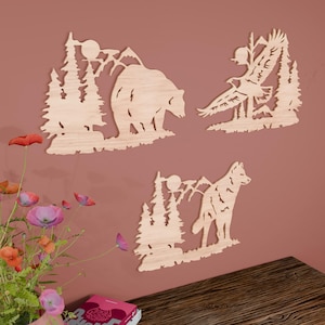 Bear and Wolf, Eagle Wall Art Decor, Bear Laser Cut Svg, Animals Forest Wall Art, Rustic Cabin Decor Laser Cut, Digital Download, Glowforge