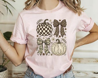 Preppy Coquette Pumpkin Shirt, Camo Leopard Bow TShirt, Trendy Fall Checkered Tee, Aesthetic Autumn Graphic Apparel