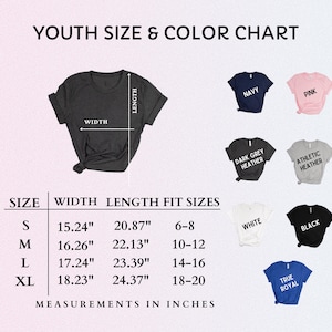 May include: A youth size and color chart with a dark gray t-shirt graphic. The chart includes measurements in inches for width and length, along with fit sizes. Color options include navy, pink, dark grey heather, athletic heather, white, black, and true royal.