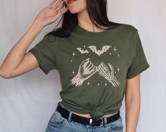 Retro Halloween Shirt, Witch Hand Skeleton T-Shirt, Spooky Season Tee, Checker Boho Graphic Top