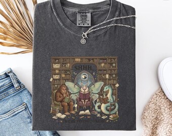 Funny Book Lover Shirt, Shhh We're Trying to Read Tee, Cryptid Reading Club Shirt, Bigfoot Bookworm Graphic Tee