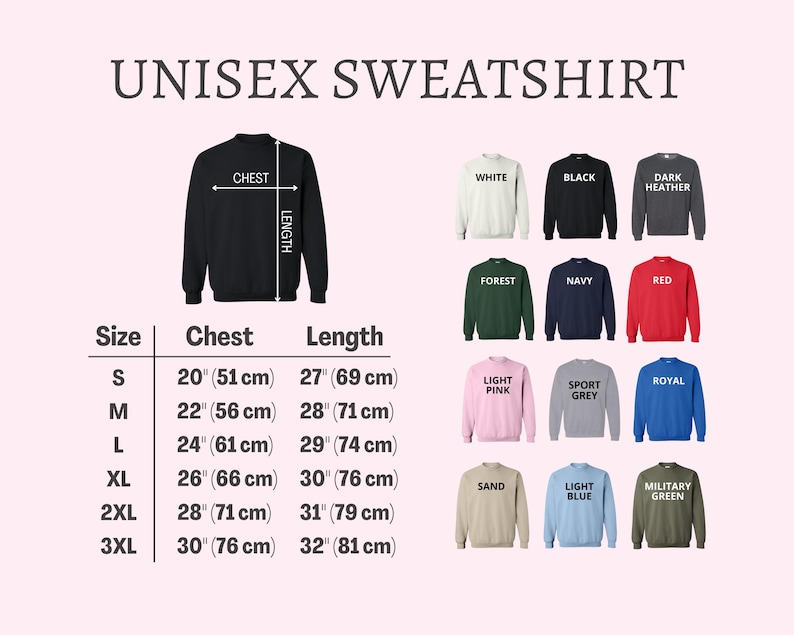 Peut inclure: Image pr&eacute;sentant des sweatshirts unisexes de diff&eacute;rentes couleurs, dont blanc, noir et rouge. L'image comprend un tableau des tailles avec des mesures de poitrine et de longueur en centim&egrave;tres. Le texte "UNISEX SWEATSHIRT" est en haut.