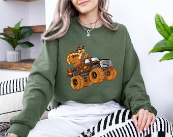 Boys Thanksgiving Sweatshirt: Turkey Riding Monster Truck Pullover, Funny Fall Kids Sweater, Toddler Turkey Outfit