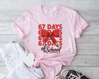 67 Days of School Girls Coquette Bow Shirt: 67th Day of School Tee, Cute School Shirt