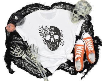 Floral Skull Halloween T-Shirt: Boho Skeleton Tee, Vintage Fall Style
