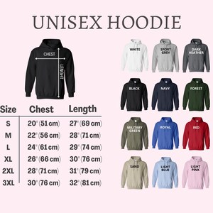 K&ouml;nnte beinhalten: Produktbild mit einer Auswahl an Unisex-Hoodies in verschiedenen Farben, darunter Grau und Gr&uuml;n. Die Abbildung enth&auml;lt eine Gr&ouml;&szlig;entabelle mit Brustma&szlig;en von 51 cm bis 76 cm und L&auml;ngen von 69 cm bis 81 cm. Der Text lautet 'UNISEX HOODIE'.