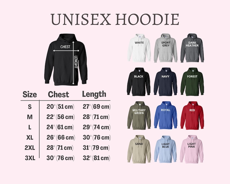 K&ouml;nnte beinhalten: Produktbild mit einer Auswahl an Unisex-Hoodies in verschiedenen Farben, darunter Grau und Gr&uuml;n. Die Abbildung enth&auml;lt eine Gr&ouml;&szlig;entabelle mit Brustma&szlig;en von 51 cm bis 76 cm und L&auml;ngen von 69 cm bis 81 cm. Der Text lautet 'UNISEX HOODIE'.
