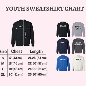 Peut inclure: Tableau des tailles de sweat-shirts pour jeunes, avec mesures de la poitrine et de la longueur en cm et en pouces. Comprend des options de couleurs de sweat-shirts noir, gris sport, marine, chin&eacute; fonc&eacute;, royal et blanc. Tailles de S &agrave; XL.