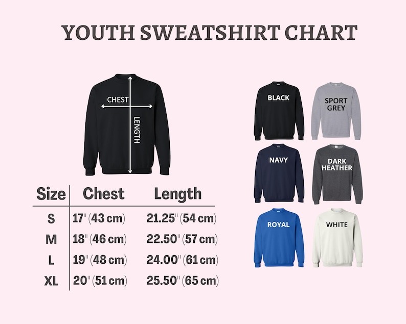 Peut inclure: Tableau des tailles de sweat-shirts pour jeunes, avec mesures de la poitrine et de la longueur en cm et en pouces. Comprend des options de couleurs de sweat-shirts noir, gris sport, marine, chin&eacute; fonc&eacute;, royal et blanc. Tailles de S &agrave; XL.