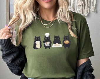 Funny Black Cats Bread Making Shirt, Sourdough Starter Cat Mom Tee, Aesthetic Baker T-Shirt