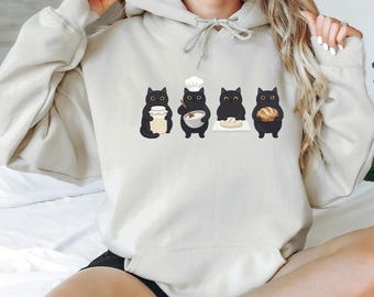 Funny Black Cats Bread Making Hoodie, Sourdough Starter Cat Mom Gift, Aesthetic Baker Pullover
