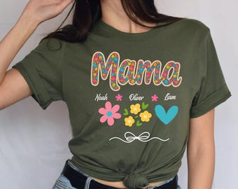 Personalized Floral Mama T-Shirt, Custom Mom Shirt with Kids Names, Mother’s Day Gift,Wildflower Mama Shirt,Retro Mama Shirt,Custom Mama Tee