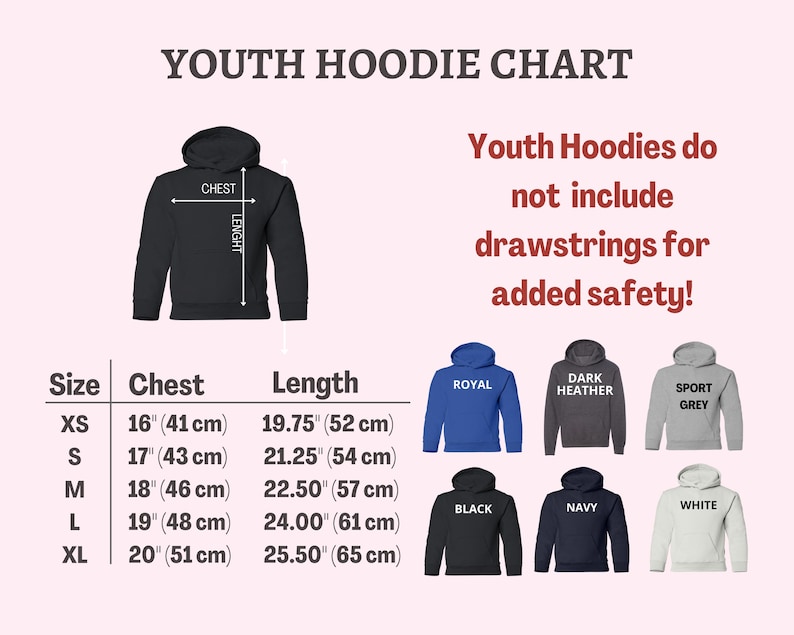 K&ouml;nnte beinhalten: Eine Gr&ouml;&szlig;entabelle f&uuml;r Kinder-Hoodies mit Brust- und L&auml;ngenma&szlig;en in cm. Die Tabelle umfasst die Gr&ouml;&szlig;en XS bis XL, mit Brustma&szlig;en von 41 cm bis 51 cm und L&auml;ngen von 52 cm bis 65 cm. Die Tabelle zeigt auch Beispiele f&uuml;r Hoodies in verschiedenen Farben.