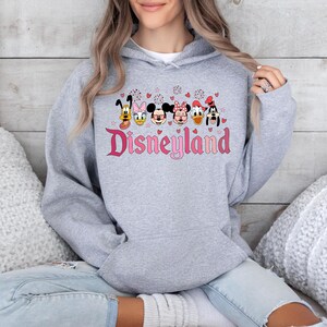 May include: Gray hooded sweatshirt with a pink Disneyland graphic featuring Mickey Mouse, Minnie Mouse, Donald Duck, Goofy, Pluto, and Daisy Duck.