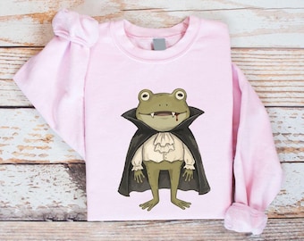 Funny Frog Halloween Sweatshirt, Vampire Frog Crewneck, Cute Spooky Pullover, Frog Lover Halloween Gift