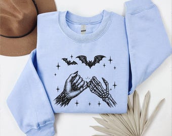 Retro Halloween Sweatshirt, Witch Hand Skeleton Crewneck, Spooky Season Sweater, Checker Boho Graphic Top