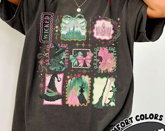 Retro Wicked Stamps Comfort Colors Shirt, Defying Gravity Tee, Elphaba Glinda Wizard Musical Shirt, Pink Green Broadway TShirt