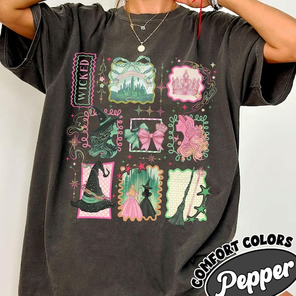 Retro Wicked Stamps Comfort Colors Shirt, Defying Gravity Tee, Elphaba Glinda Wizard Musical Shirt, Pink Green Broadway TShirt