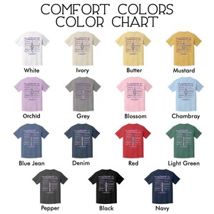 May include: A color chart displays a variety of t-shirts in different colors, including white, ivory, butter, mustard, orchid, grey, blossom, chambray, blue jean, denim, red, light green, pepper, black, and navy. The text "COMFORT COLORS COLOR CHART" is at the top.