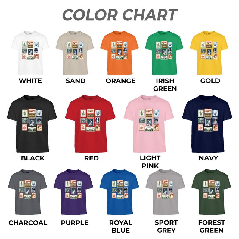 May include: A color chart displays various t-shirts in different colors, including white, sand, orange, and green. Each shirt features a rectangular graphic with multiple small images. The text "COLOR CHART" is at the top.