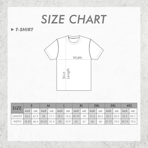 Puede incluir: Tabla de tallas de camisetas con medidas en pulgadas y cent&iacute;metros. Las tallas van de la S a la 4XL, con medidas de largo y ancho para cada talla. El texto "SIZE CHART" est&aacute; en la parte superior y "T-SHIRT" a la izquierda.