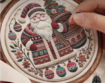May include: Embroidered Christmas scene featuring Santa Claus with a bag of gifts and a Christmas tree. The design is in a wooden hoop, with colorful ornaments and floral accents. The Santa Claus figure is wearing a red and patterned coat and hat.