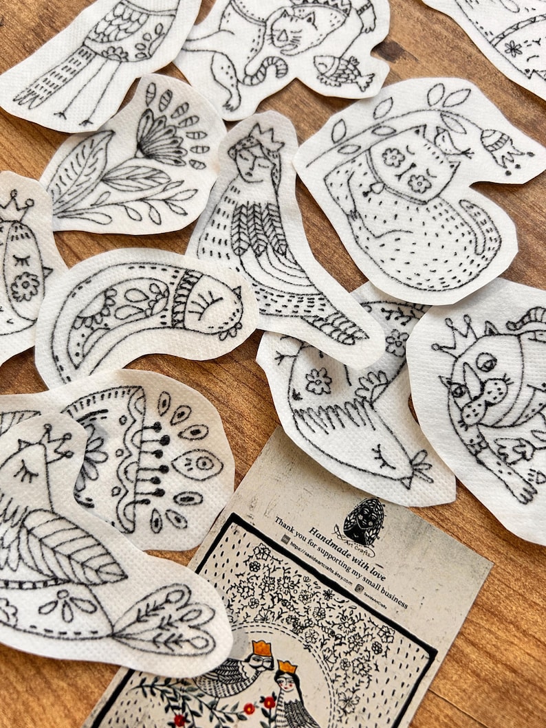 Embroid Effect Sticker Stick and Stitch Embroidery Designs | Cats, Birds, Flowers Wash Away ...