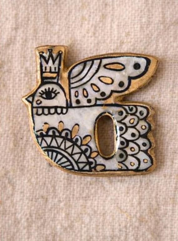 Hand Painted Clay Bird Eyeglass Holder Pin, Boho Functional Jewelry