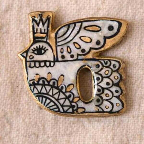 Hand Painted Clay Bird Eyeglass Holder Pin, Boho Functional Jewelry