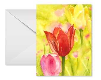 Tulips Watercolor Card, Spring Flowers, Notecards, Blank Inside, All occasion