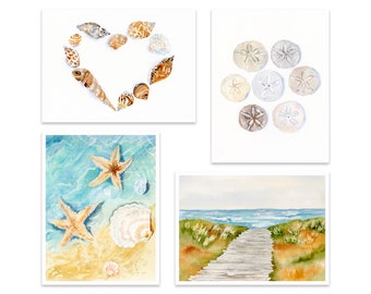 Watercolor Beach Notecard Set: Seashells, Starfish - Coastal Stationery