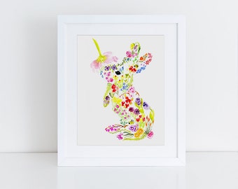 Bunny Art, Rabbit Watercolor, Nursery Art, Floral art