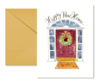 Watercolor New Home Card: Front Door Wreath, Gold Envelope