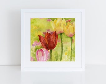 Tulips Art, Wall Decor, Original Watercolor, Floral Art