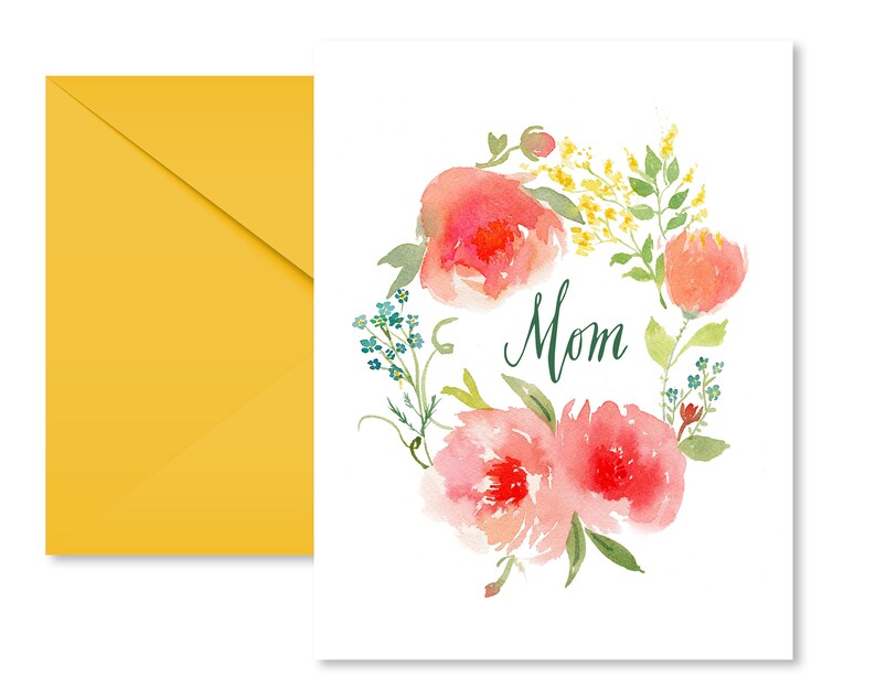 Mother's Day Card, Mom Card, Floral Watercolor, Modern Calligraphy, Mom Birthday Card image 1