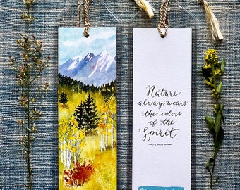 Bookmark, Mountainscape, Nature quote, Emerson quote, modern calligraphy, stocking stuffer