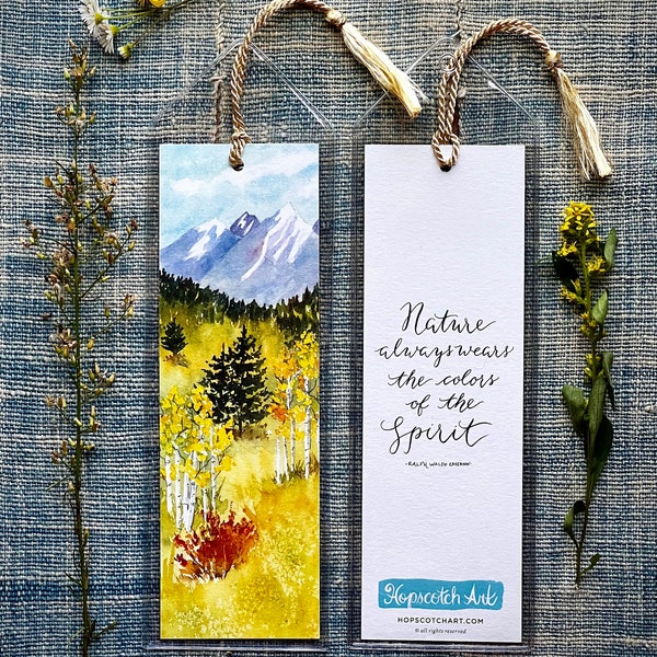 Bookmark, Mountainscape, Nature quote, Emerson quote, modern calligraphy, stocking stuffer