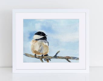 Chickadee Art,  Watercolor print, Bird Art, Wall Decor