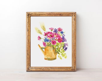 Flowers in Watering Can Art l Mothers Day Art l Summer Flowers l Watercolor