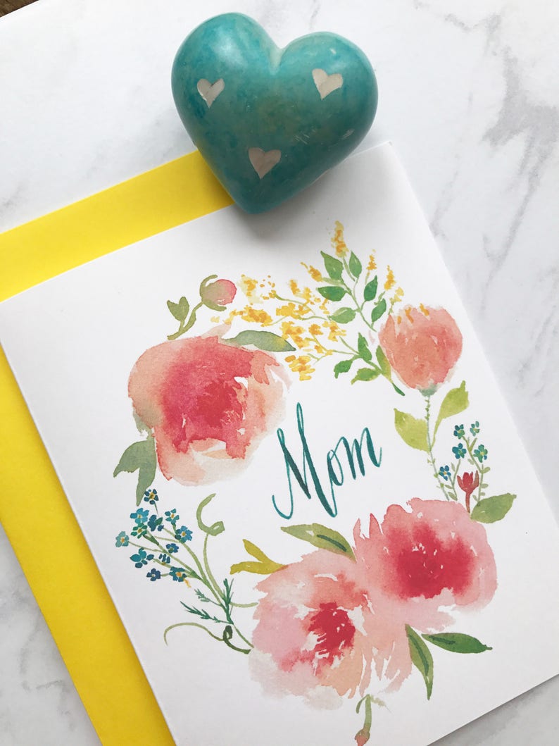 Mother's Day Card, Mom Card, Floral Watercolor, Modern Calligraphy, Mom Birthday Card image 3