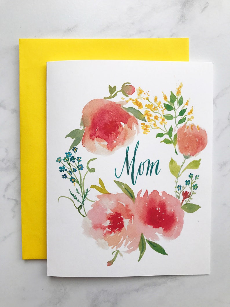 Mother's Day Card, Mom Card, Floral Watercolor, Modern Calligraphy, Mom Birthday Card image 2